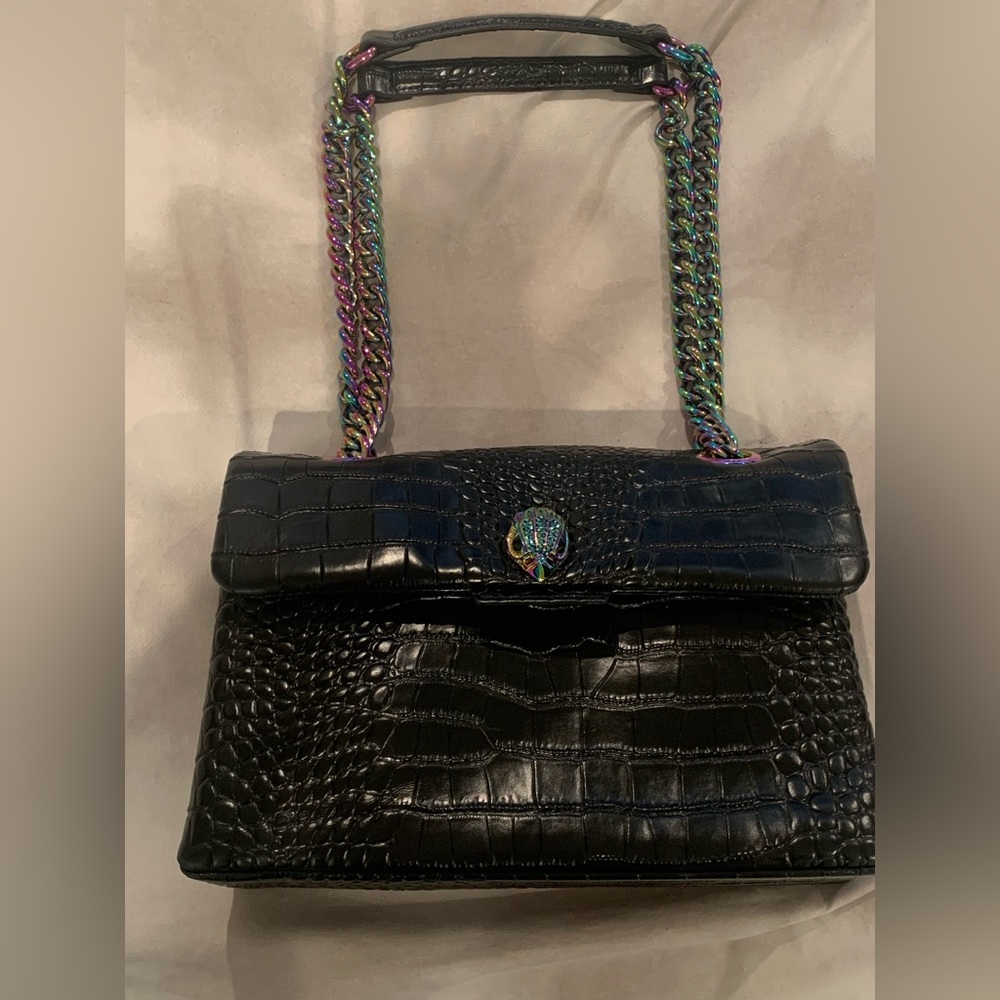 Kurt Geiger London Black Croc Embossed Leather Shoulder bag with Metallic Strap